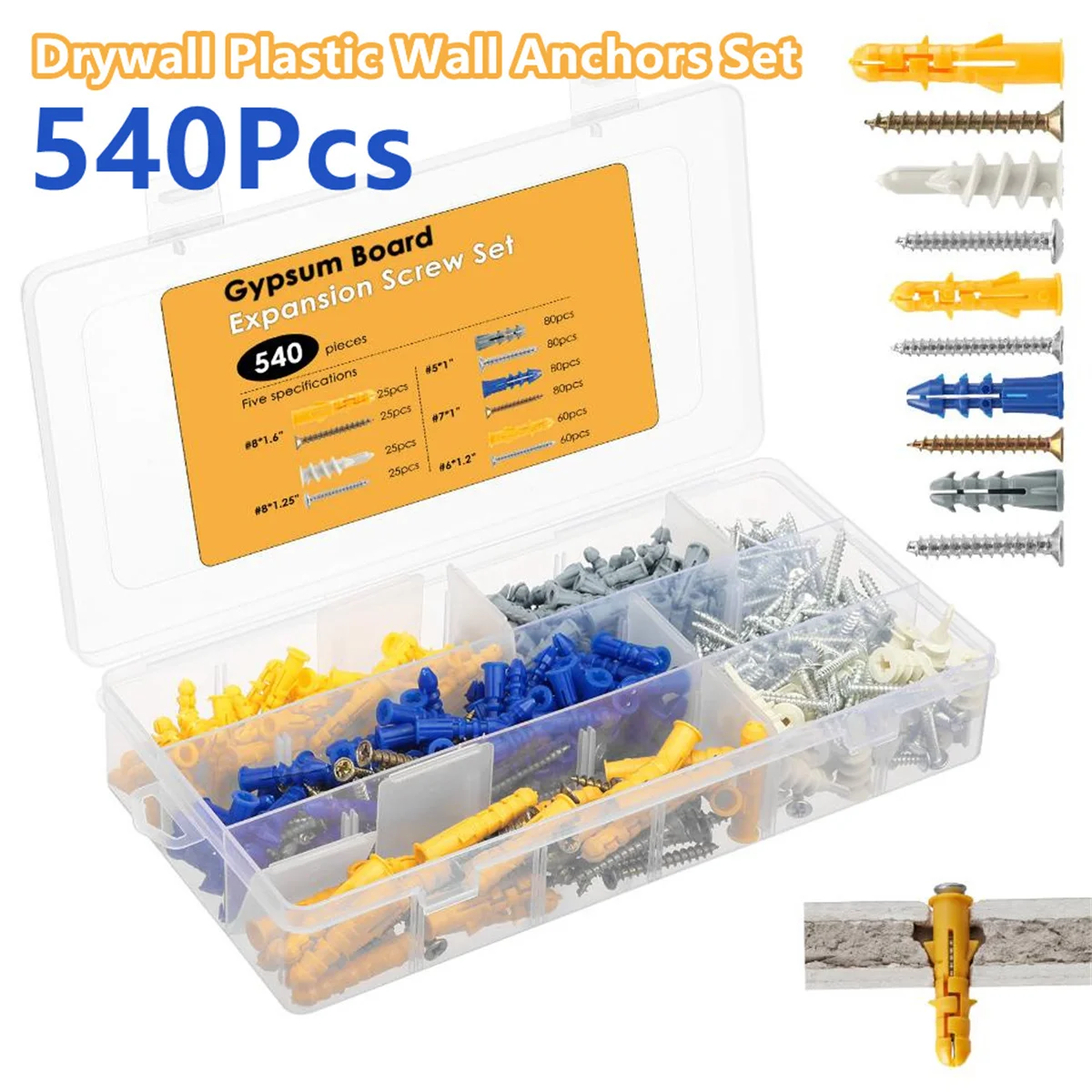 Drywall Anchor Screw - 540個入りドライウォールアンカーとネジの詰め合わせキット、石膏ボード用壁ボックス用プラスチック製壁アンカーとセルフタッピングネジセット