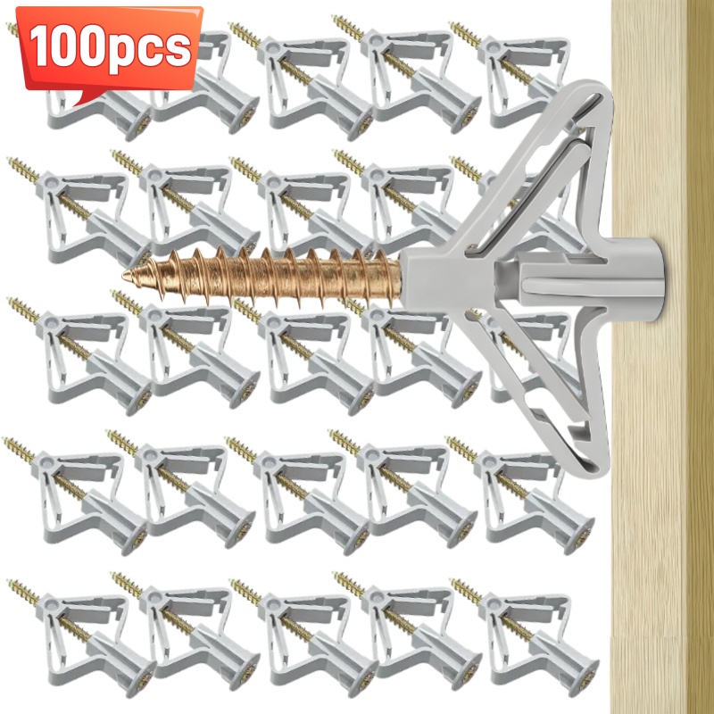 Drywall Anchor Screw - 100個入り 石膏ボード用拡張ネジ チューブ型プラスチック製トグルアンカー 壁用プラグ 中空ドライウォール用セルフドリリングアンカーボルト ファスナーキット