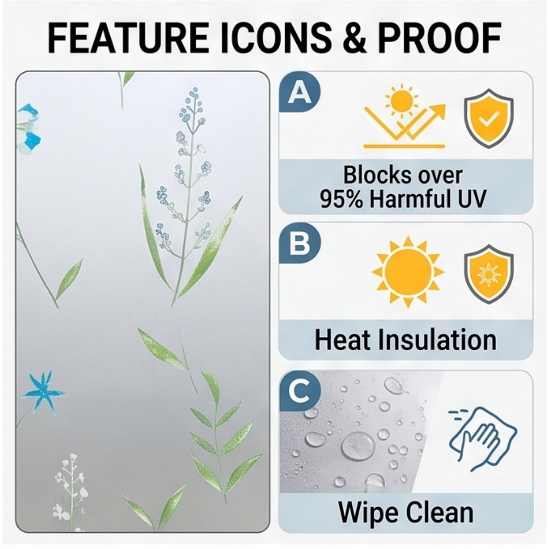 自己粘着性ブルーワイルドフラワーつや消し窓フィルム プライバ - Window Insulation Film のレビューと価格